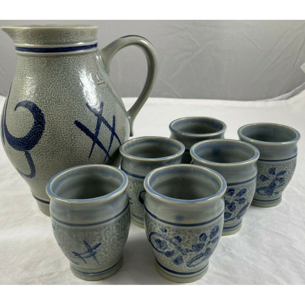 Gerzit Blue Salt Glaze Pitcher 1L w/6 Cups Staffel West Germany Pottery
